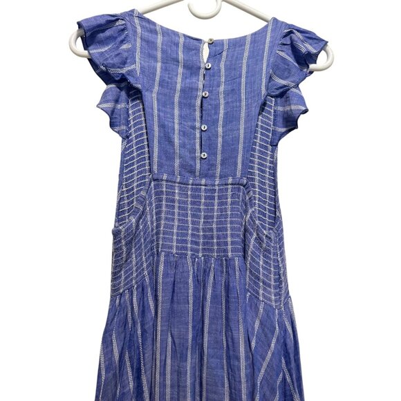 Free People Chambray Striped Dress Medium Pastel Blue Smocked Waist Ruffle Boho - Picture 10 of 16